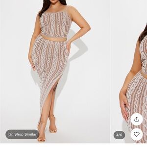 Fashion Nova Beige & White Lace Midi Two-Piece Set